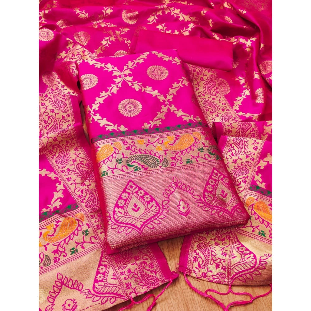 HD Women's Banarasi Silk Printed Unstitched Salwar Suit Material With Dupatta (Pink, 3Mtrs)