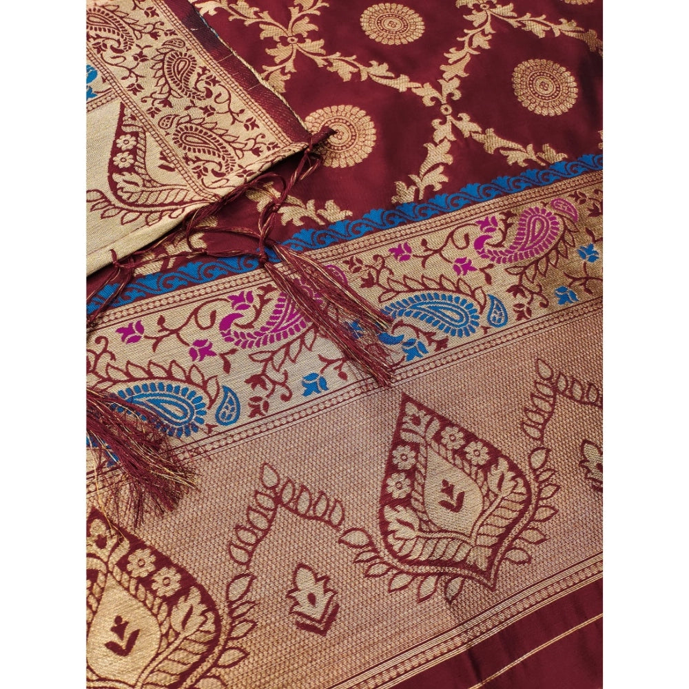 HD Women's Banarasi Silk Printed Unstitched Salwar Suit Material With Dupatta (Maroon, 3Mtrs)