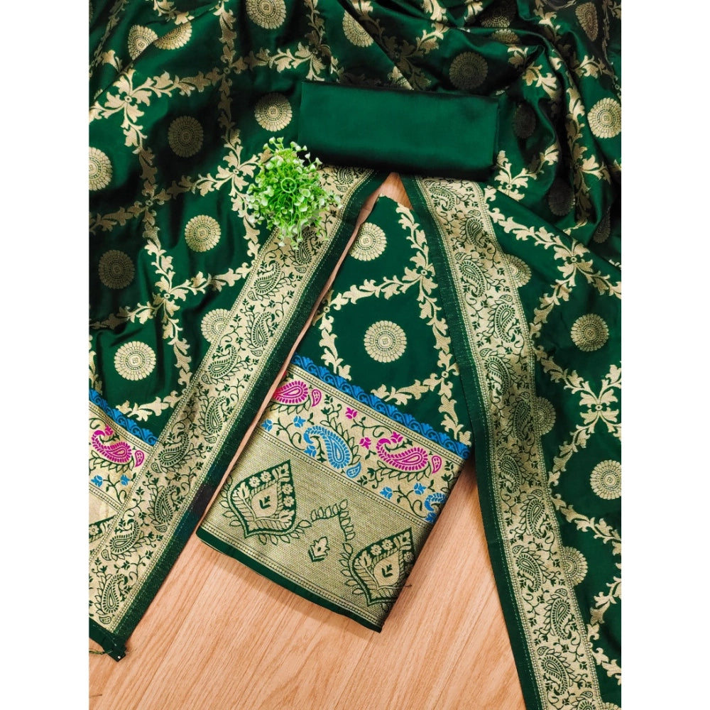 HD Women's Banarasi Silk Printed Unstitched Salwar Suit Material With Dupatta (Bottle Green, 3Mtrs)
