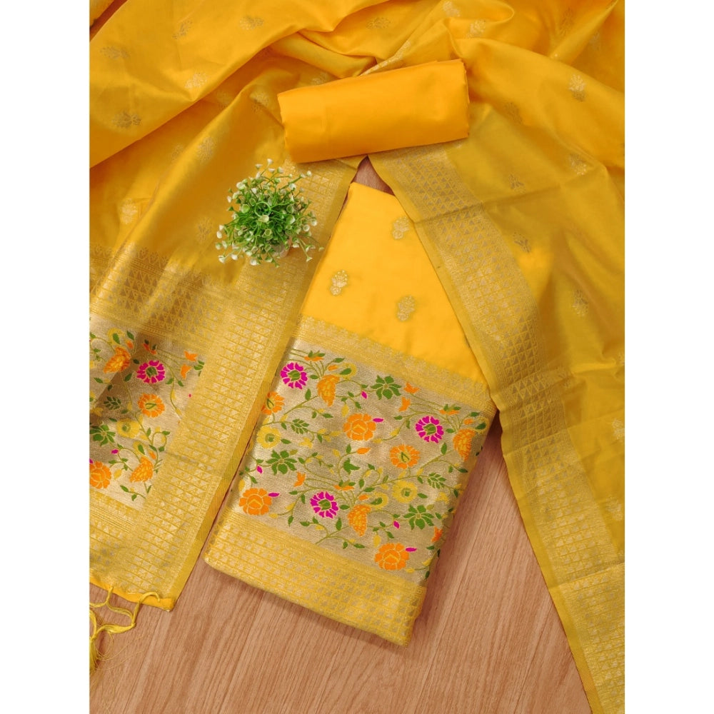 HD Women's Banarasi Silk Printed Unstitched Salwar Suit Material With Dupatta (Yellow, 3Mtrs)