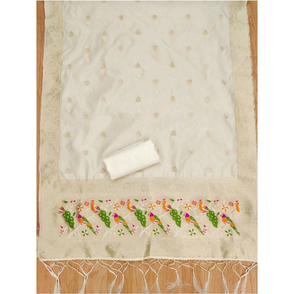 HD Women's Banarasi Silk Printed Unstitched Salwar Suit Material With Dupatta (White, 3Mtrs)