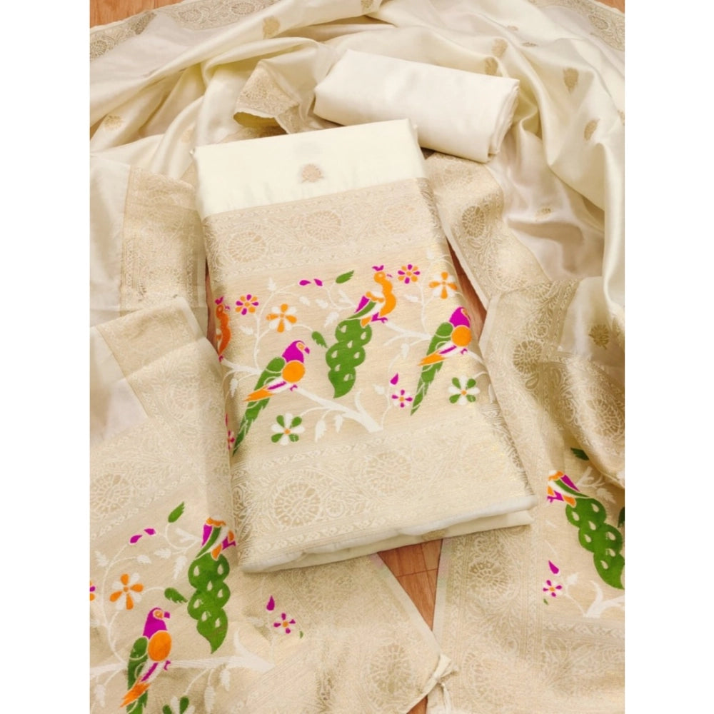HD Women's Banarasi Silk Printed Unstitched Salwar Suit Material With Dupatta (White, 3Mtrs)