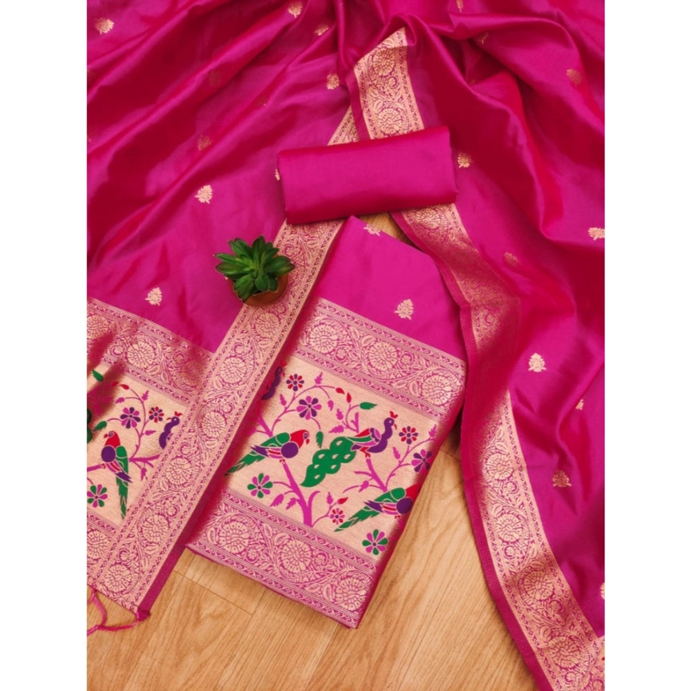 HD Women's Banarasi Silk Printed Unstitched Salwar Suit Material With Dupatta (Pink, 3Mtrs)