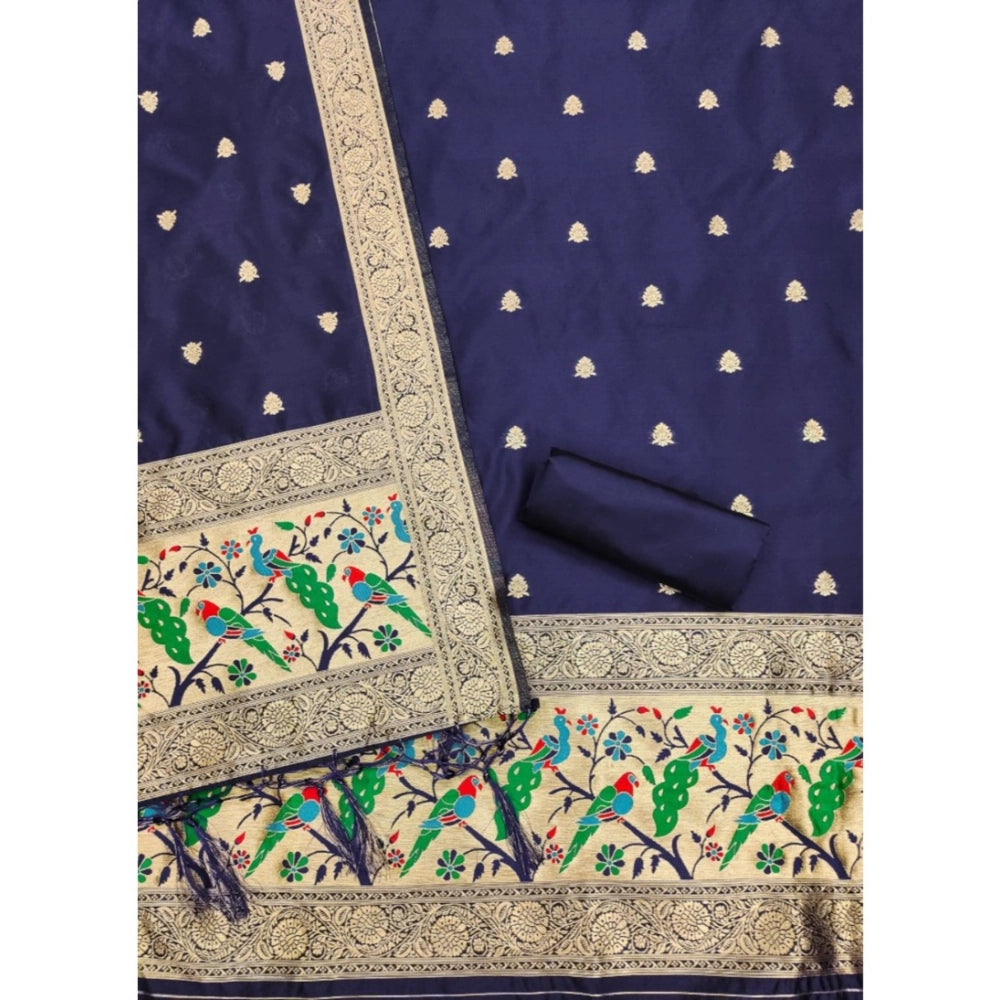 HD Women's Banarasi Silk Printed Unstitched Salwar Suit Material With Dupatta (Navy Blue, 3Mtrs)