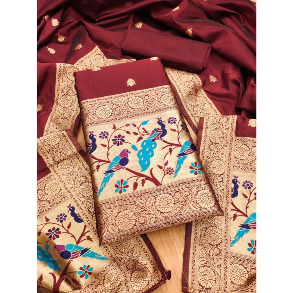 HD Women's Banarasi Silk Printed Unstitched Salwar Suit Material With Dupatta (Maroon, 3Mtrs)
