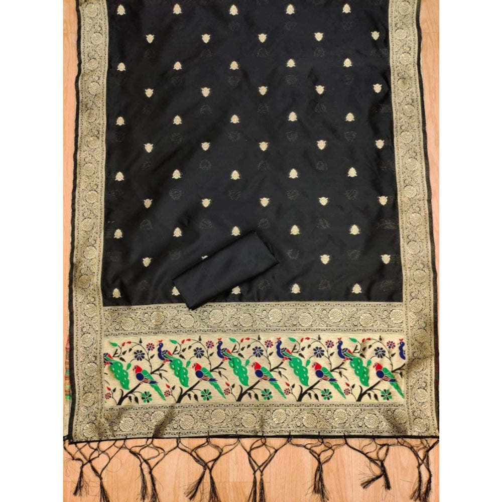 HD Women's Banarasi Silk Printed Unstitched Salwar Suit Material With Dupatta (Black, 3Mtrs)