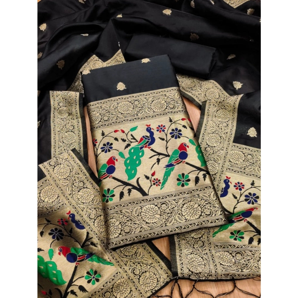 HD Women's Banarasi Silk Printed Unstitched Salwar Suit Material With Dupatta (Black, 3Mtrs)