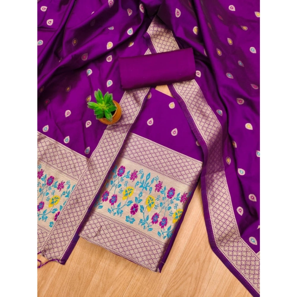 HD Women's Banarasi Silk Printed Unstitched Salwar Suit Material With Dupatta (Purple, 3Mtrs)