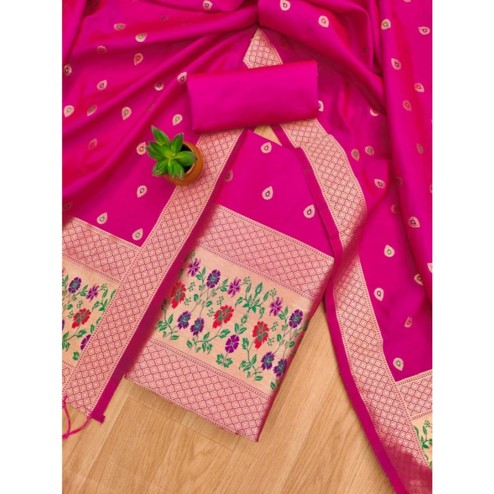 HD Women's Banarasi Silk Printed Unstitched Salwar Suit Material With Dupatta (Pink, 3Mtrs)