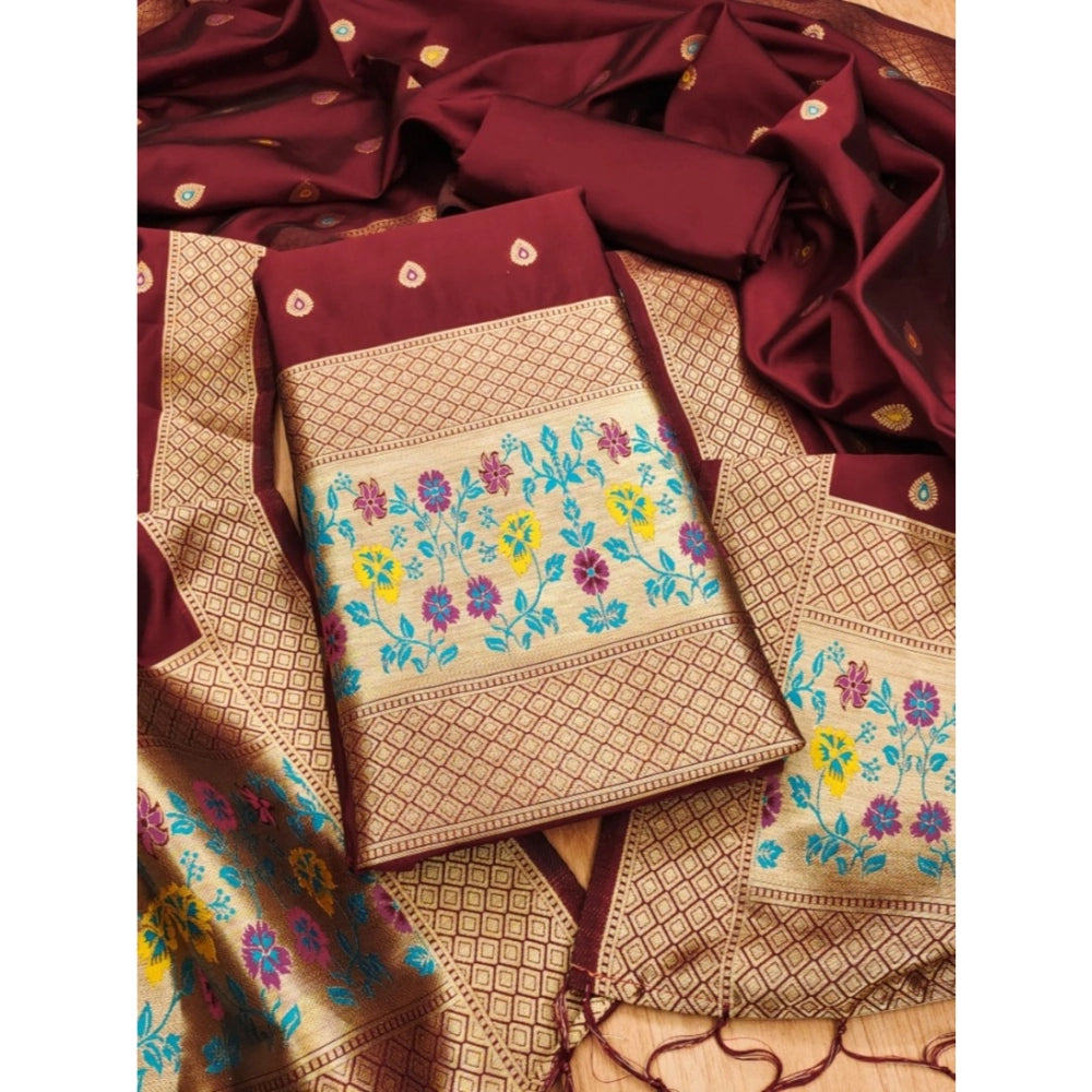 HD Women's Banarasi Silk Printed Unstitched Salwar Suit Material With Dupatta (Maroon, 3Mtrs)