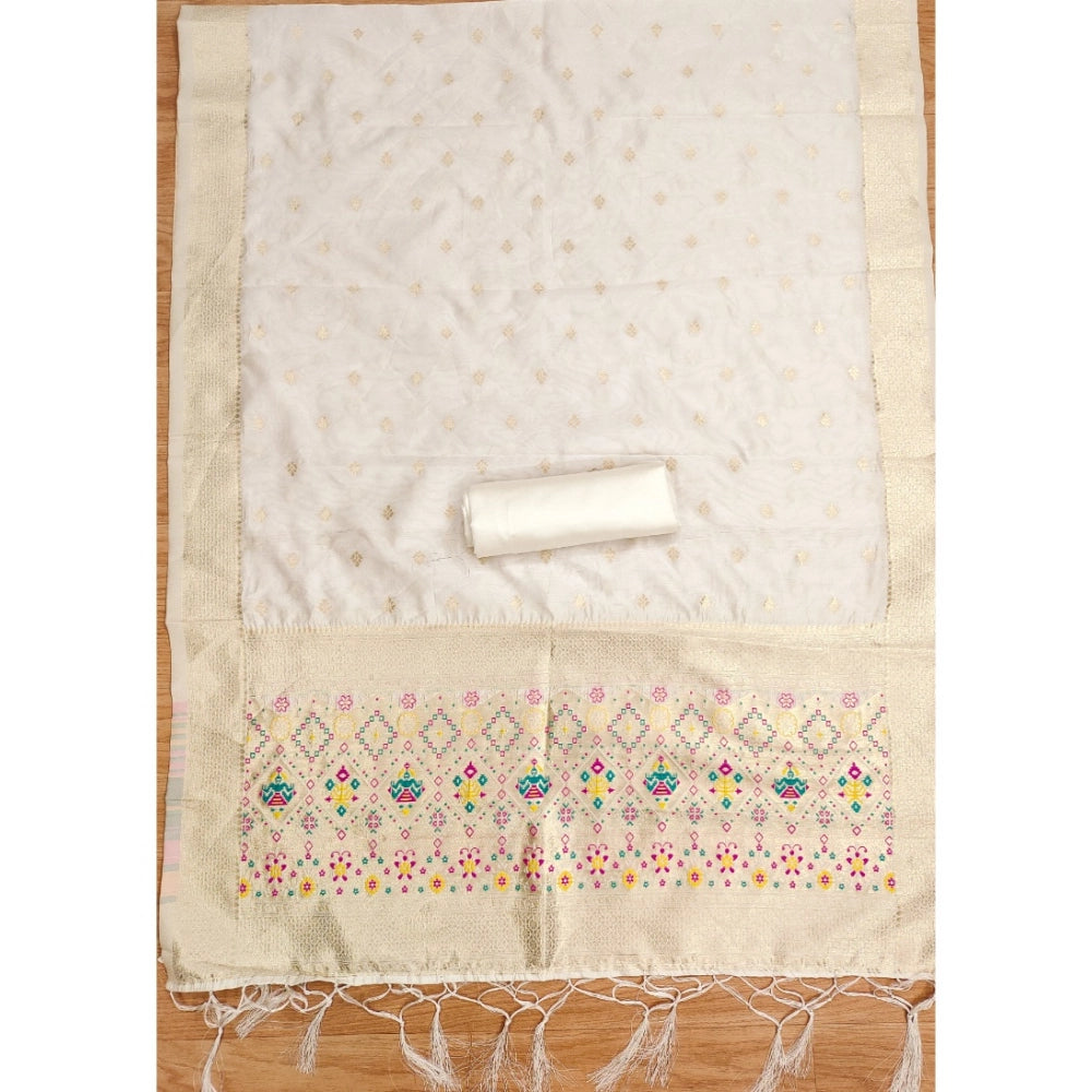 HD Women's Banarasi Silk Printed Unstitched Salwar Suit Material With Dupatta (White, 3Mtrs)
