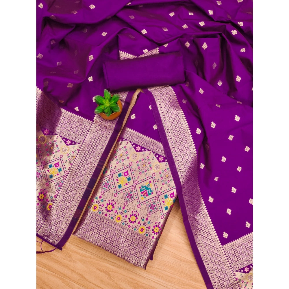 HD Women's Banarasi Silk Printed Unstitched Salwar Suit Material With Dupatta (Purple, 3Mtrs)