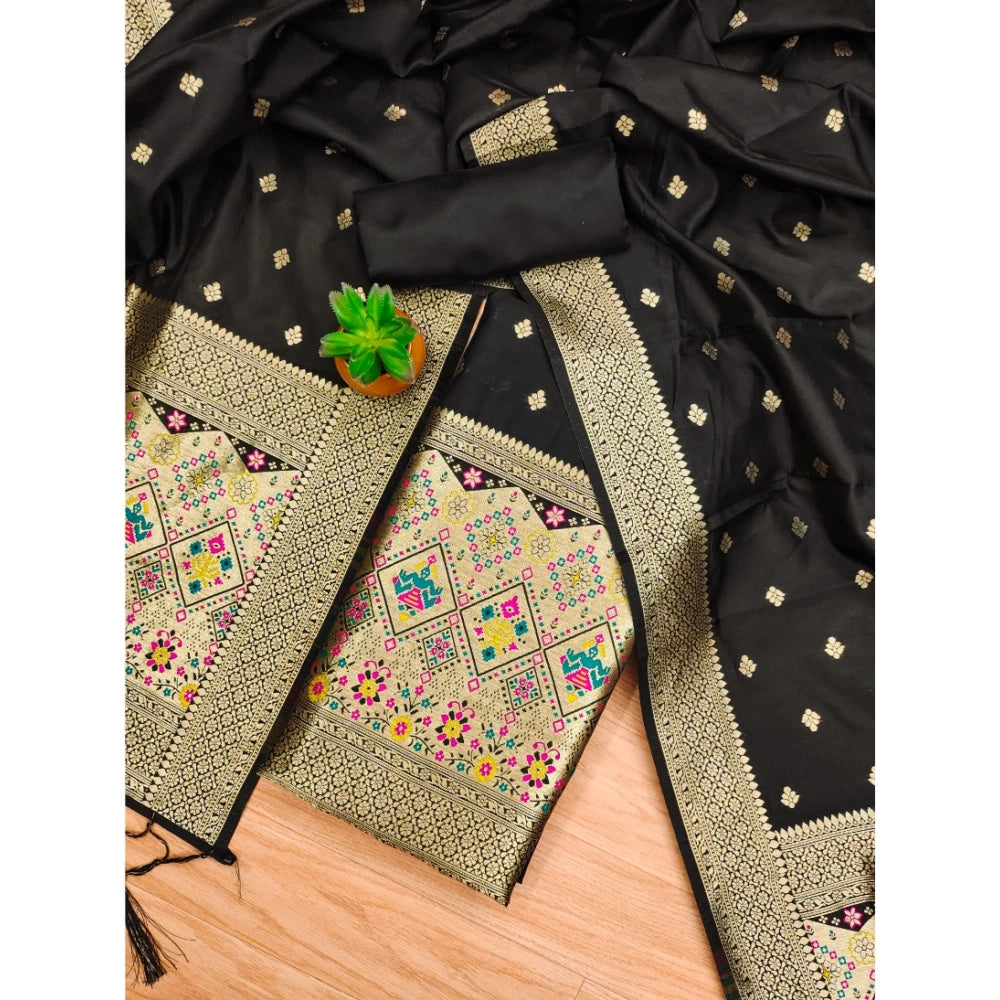 HD Women's Banarasi Silk Printed Unstitched Salwar Suit Material With Dupatta (Black, 3Mtrs)