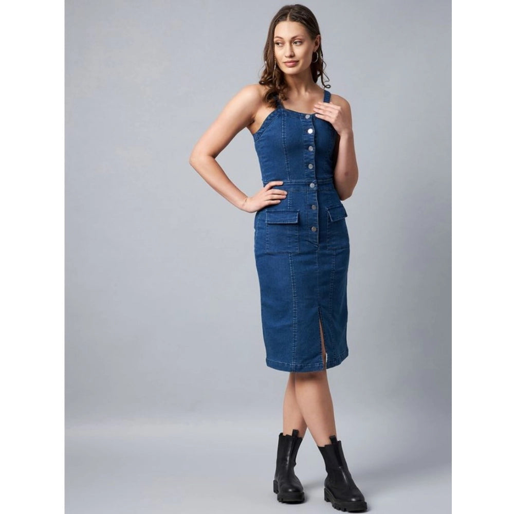 HD Women's Denim Lycra Solid Square Neck Shoulder Straps Dress (Blue)