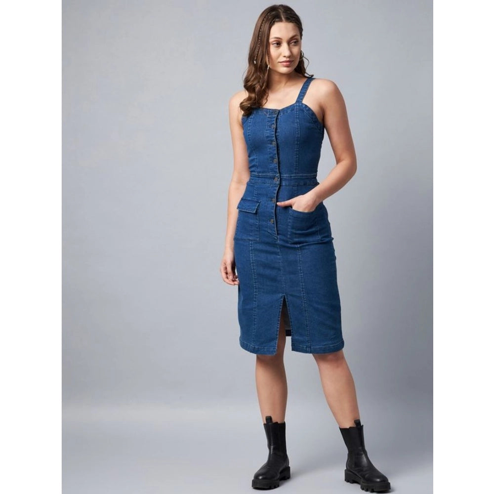 HD Women's Denim Lycra Solid Square Neck Shoulder Straps Dress (Blue)