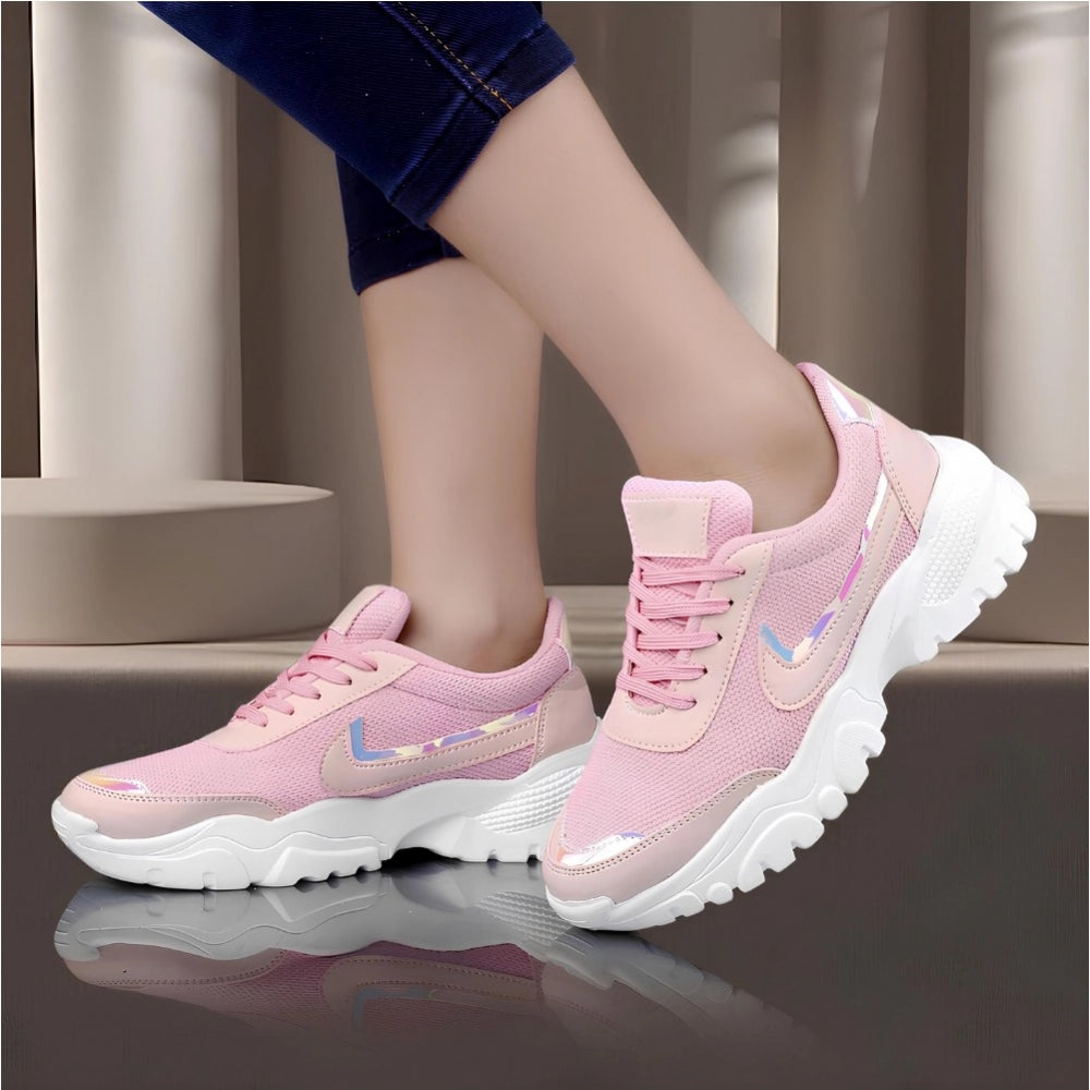 HD Women's Casual Mesh Printed Lace-Ups Shoes (Pink)