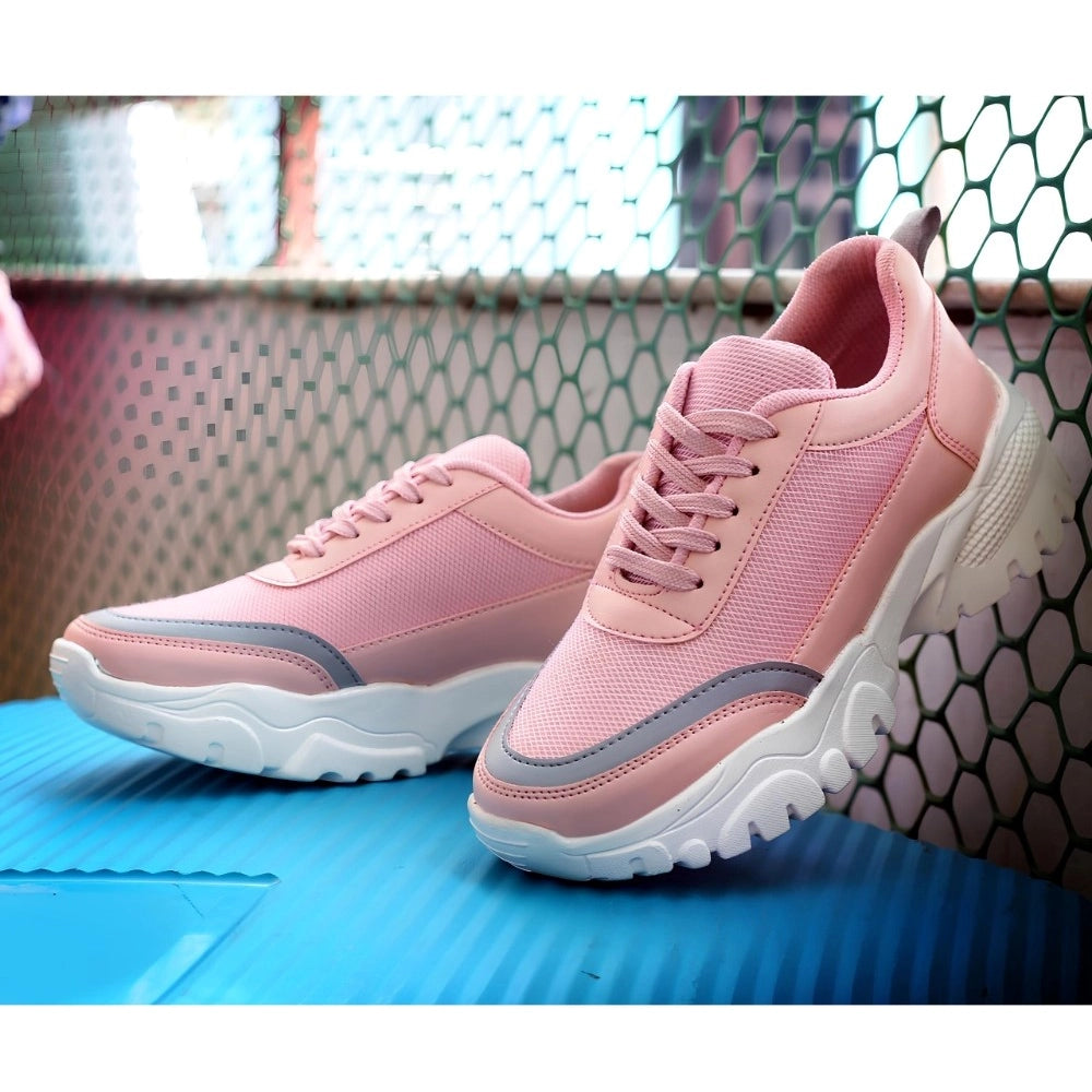 HD Women's Casual Mesh Printed Lace-Ups Shoes (Pink)