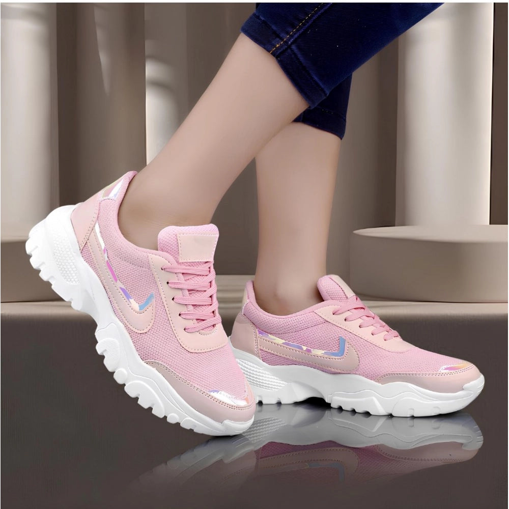 HD Women's Casual Mesh Printed Lace-Ups Shoes (Pink)