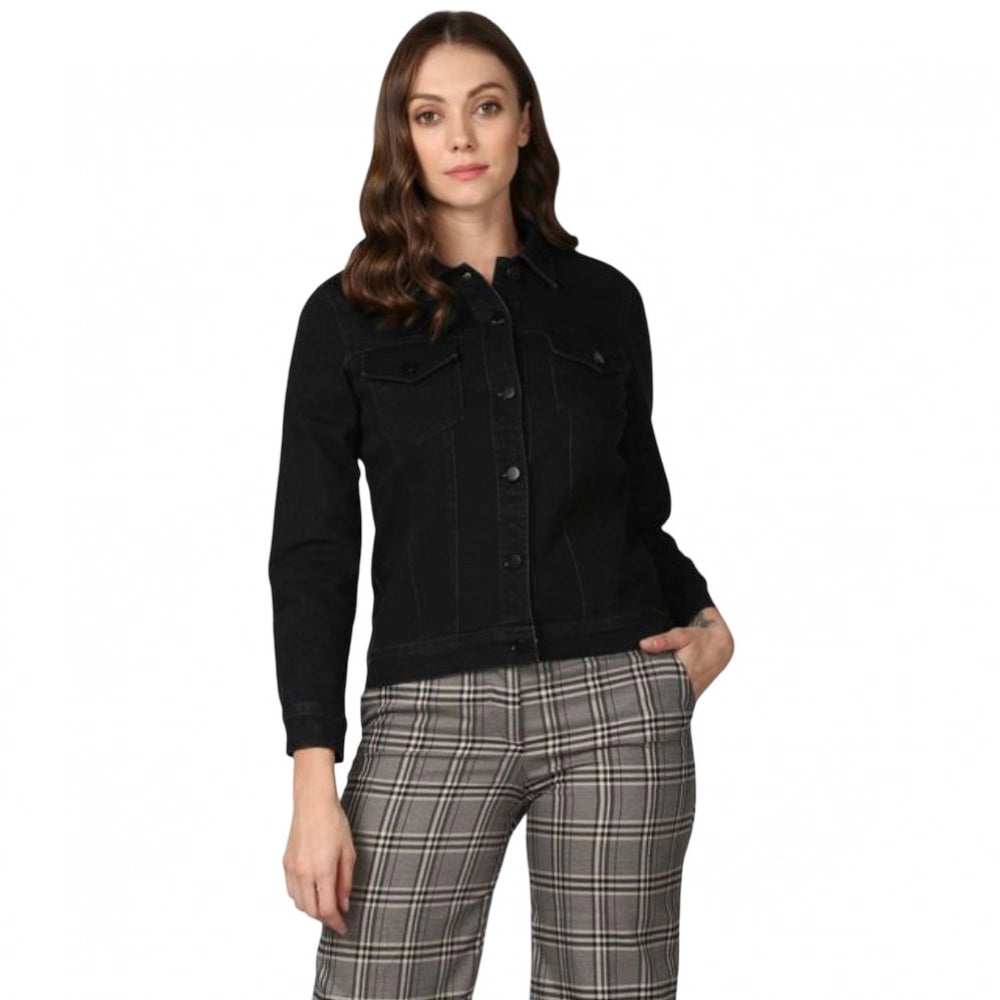 HD Women's Denim Solid Long Sleeve Jacket (Black)