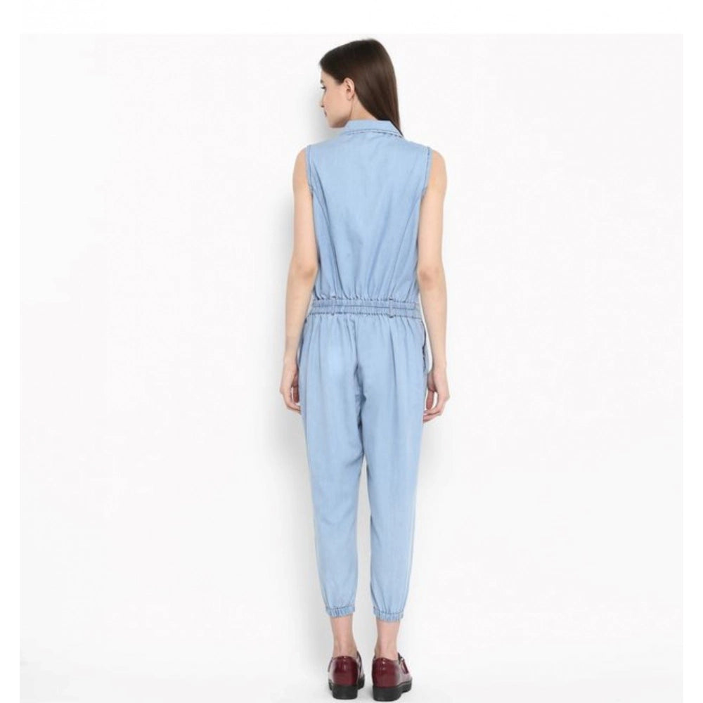 HD Women's Denim Solid Sleeveless Jumpsuit (Blue)