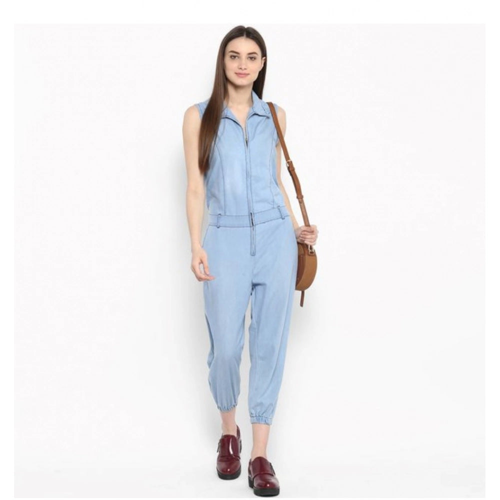 HD Women's Denim Solid Sleeveless Jumpsuit (Blue)