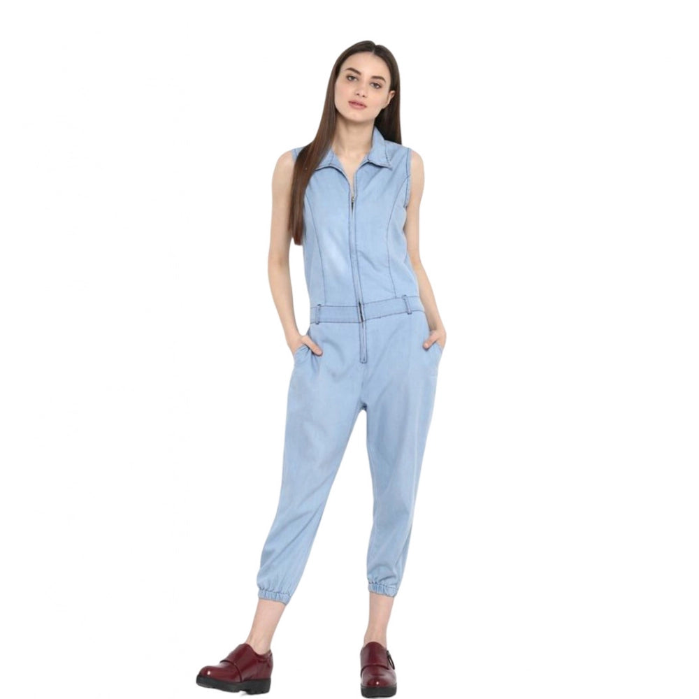 HD Women's Denim Solid Sleeveless Jumpsuit (Blue)