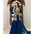 HD Women's Georgette Embroidery 3-4th Sleeve V-Neck Kurti, Palazzo And Dupatta Set (Morpich)
