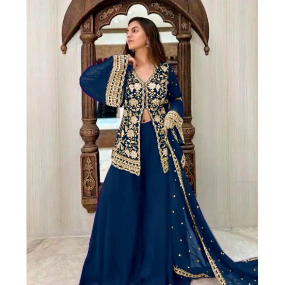 HD Women's Georgette Embroidery 3-4th Sleeve V-Neck Kurti, Palazzo And Dupatta Set (Morpich)