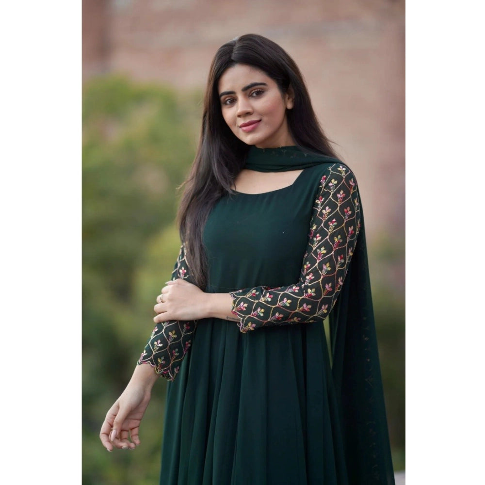 HD Women's Georgette Embroidery 3-4th Sleeve Round Neck Kurti with Dupatta Set (Green)
