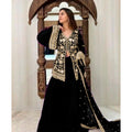 HD Women's Georgette Embroidery 3-4th Sleeve V-Neck Kurti, Palazzo And Dupatta Set (Black)