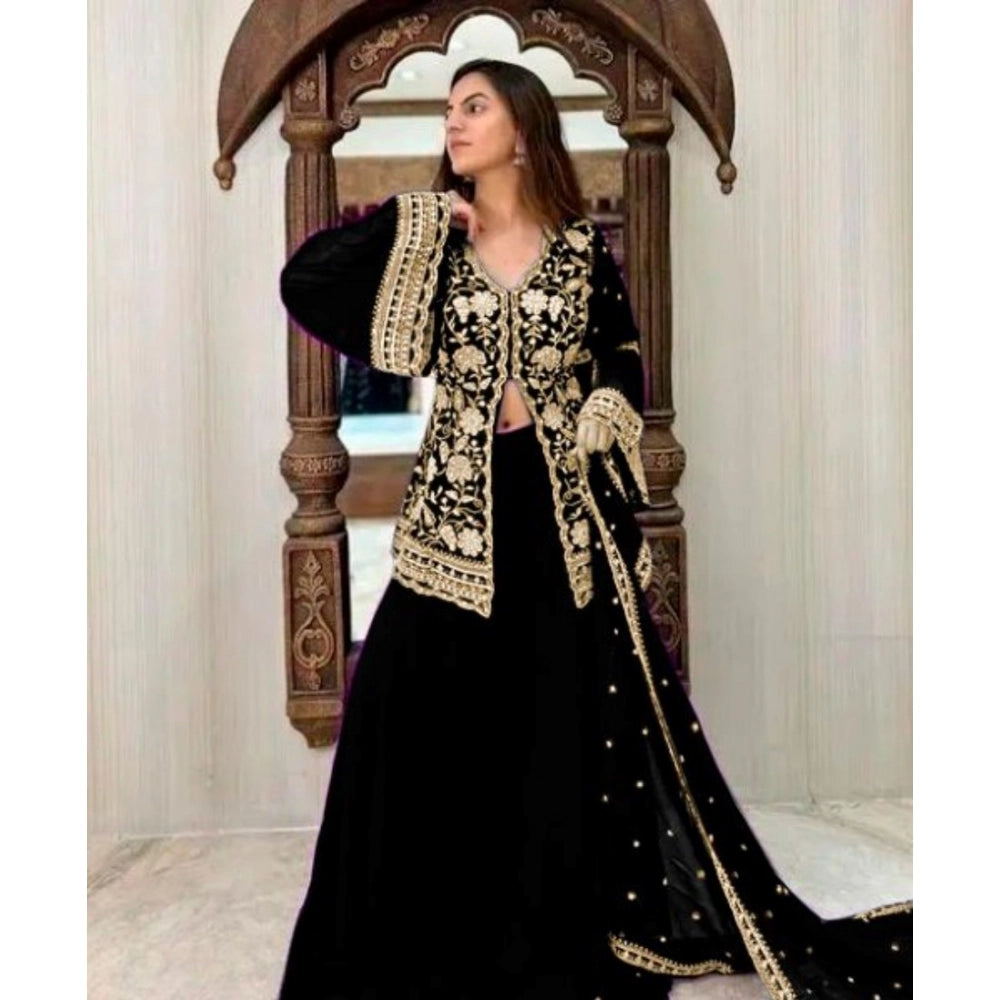 HD Women's Georgette Embroidery 3-4th Sleeve V-Neck Kurti, Palazzo And Dupatta Set (Black)