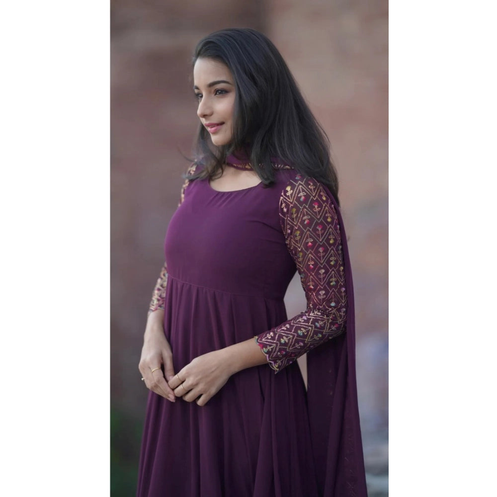 HD Women's Georgette Embroidery 3-4th Sleeve Round Neck Kurti with Dupatta Set (Wine)