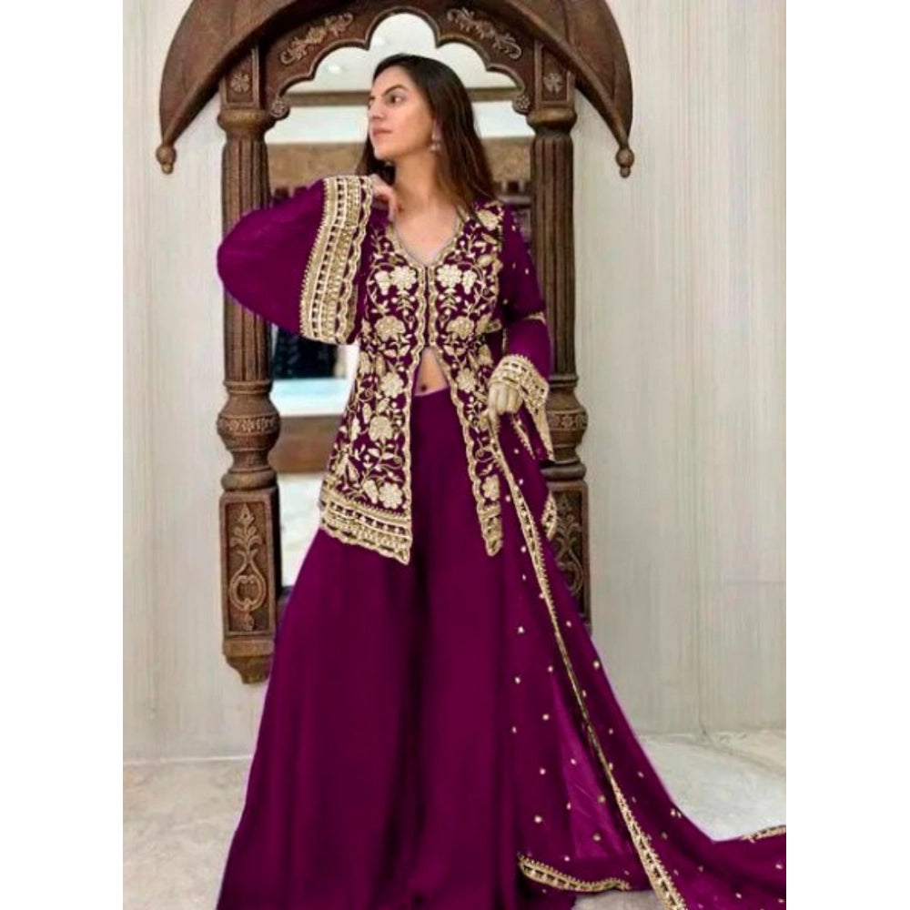 HD Women's Georgette Embroidery 3-4th Sleeve V-Neck Kurti, Palazzo And Dupatta Set (Wine)