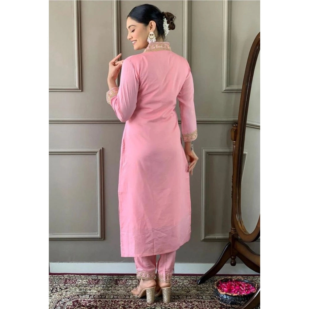HD Women's Roman Silk Embroidery 3-4th Sleeve V-Neck Kurti With Pant Dupatta Set (Pink)