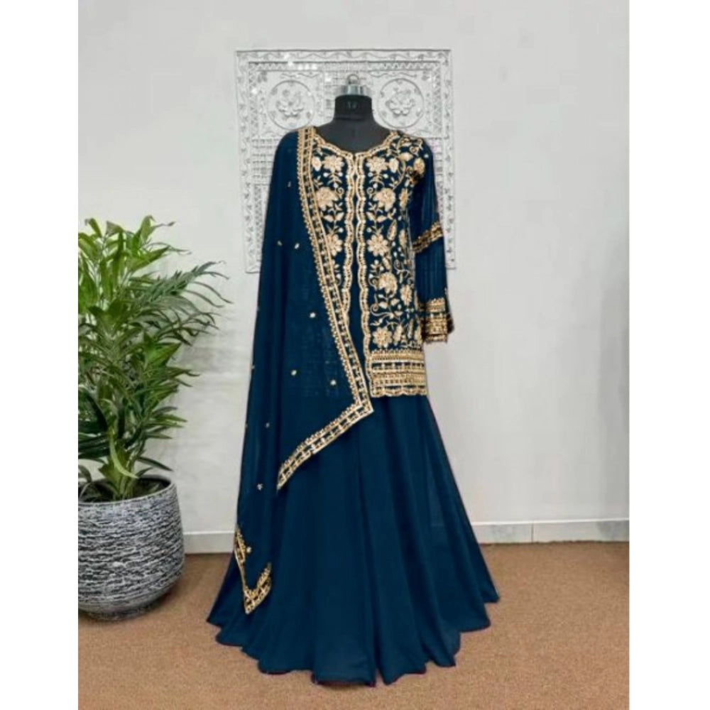 HD Women's Georgette Embroidery 3-4th Sleeve V-Neck Kurti, Palazzo And Dupatta Set (Morpich)