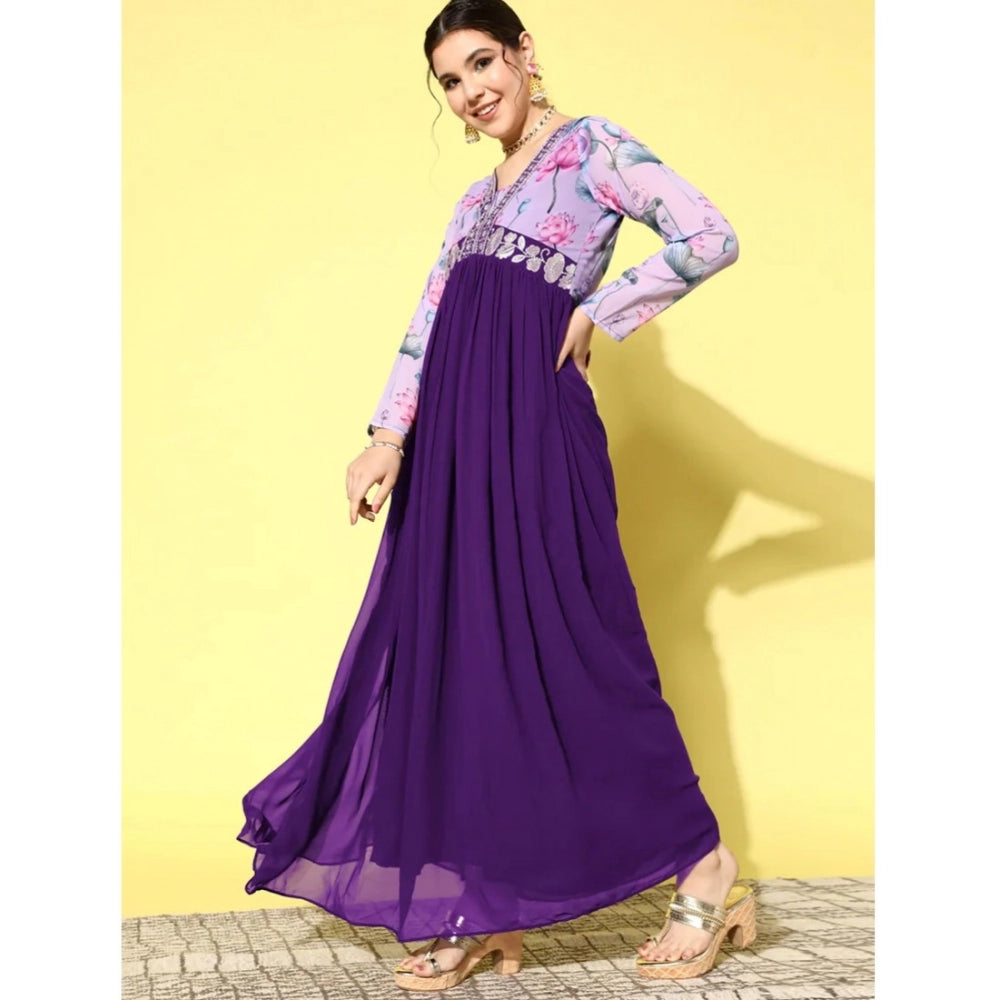 HD Women's Georgette Embroidery 3-4th Sleeve V-Neck Kurti (Purple)