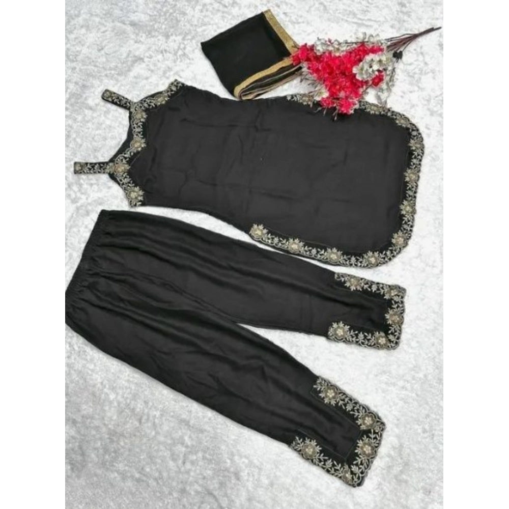 HD Women's Georgette Embroidery Sleeveless Round Neck Kurti, Palazzo And Dupatta Set (Black)