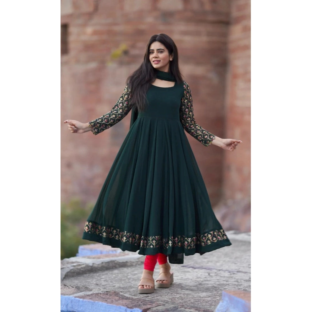 HD Women's Georgette Embroidery 3-4th Sleeve Round Neck Kurti with Dupatta Set (Green)