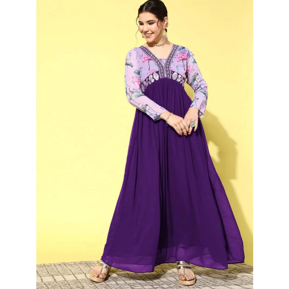 HD Women's Georgette Embroidery 3-4th Sleeve V-Neck Kurti (Purple)