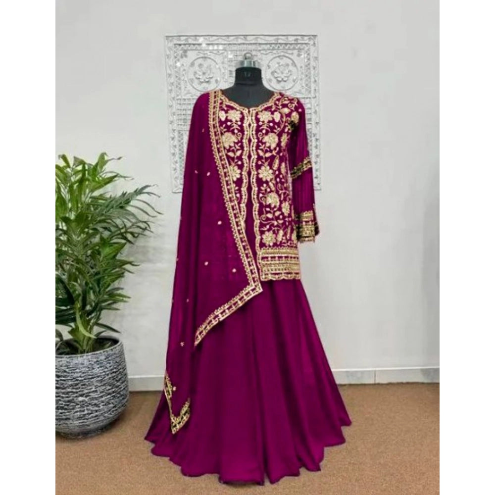 HD Women's Georgette Embroidery 3-4th Sleeve V-Neck Kurti, Palazzo And Dupatta Set (Wine)