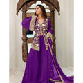 HD Women's Georgette Embroidery 3-4th Sleeve V-Neck Kurti, Palazzo And Dupatta Set (Purple)
