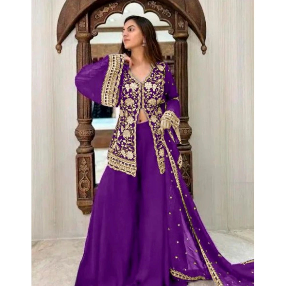 HD Women's Georgette Embroidery 3-4th Sleeve V-Neck Kurti, Palazzo And Dupatta Set (Purple)