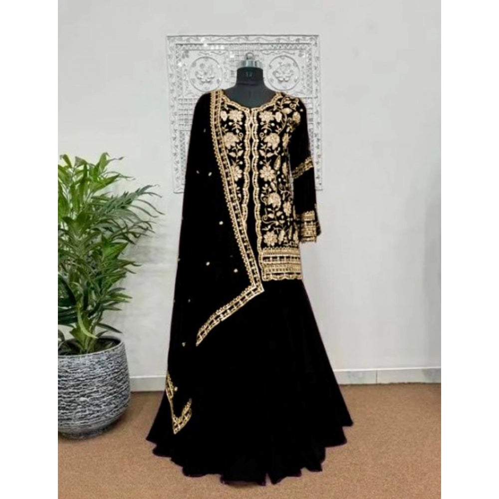 HD Women's Georgette Embroidery 3-4th Sleeve V-Neck Kurti, Palazzo And Dupatta Set (Black)