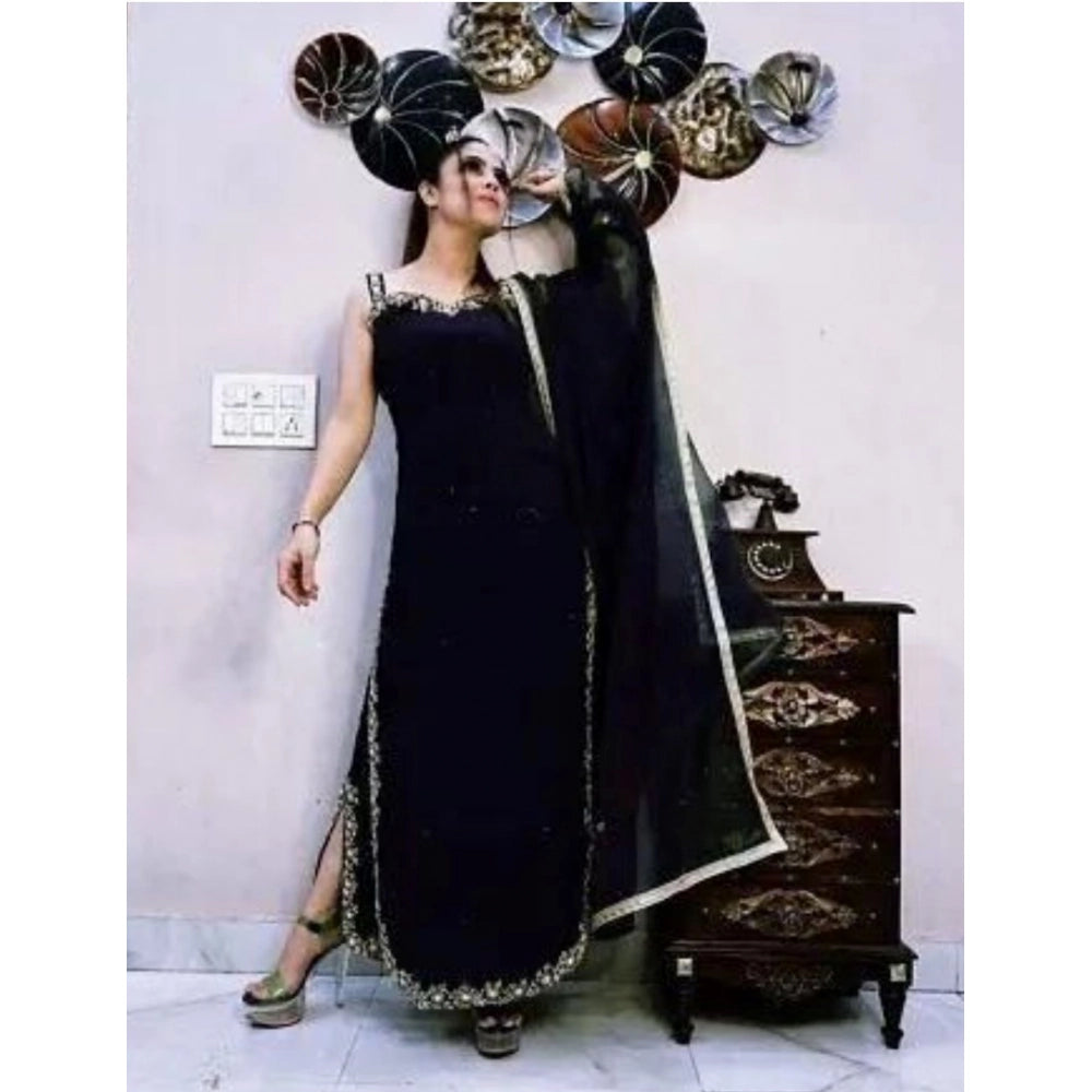 HD Women's Georgette Embroidery Sleeveless Round Neck Kurti, Palazzo And Dupatta Set (Black)