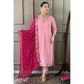 HD Women's Roman Silk Embroidery 3-4th Sleeve V-Neck Kurti With Pant Dupatta Set (Pink)