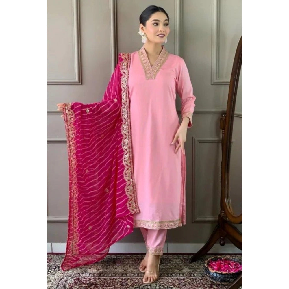 HD Women's Roman Silk Embroidery 3-4th Sleeve V-Neck Kurti With Pant Dupatta Set (Pink)