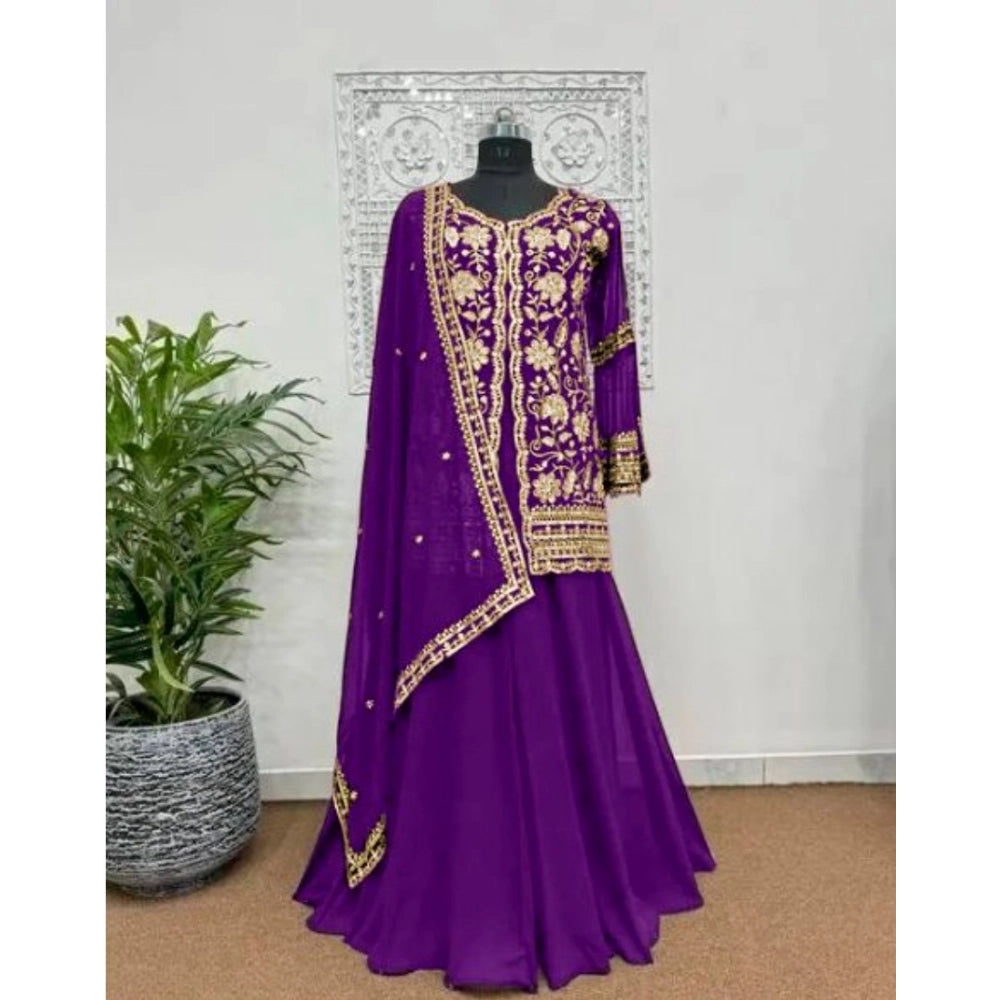 HD Women's Georgette Embroidery 3-4th Sleeve V-Neck Kurti, Palazzo And Dupatta Set (Purple)