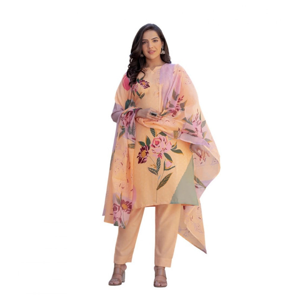 HD Women's Cotton Blend Printed Kurti With Pant Dupatta Set (Orange)