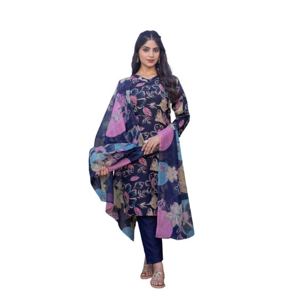 HD Women's Cotton Blend Printed Kurti With Pant Dupatta Set (NavyBlue)