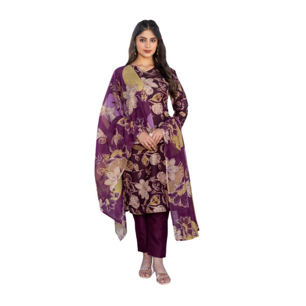 HD Women's Cotton Blend Printed Kurti With Pant Dupatta Set (Purple)